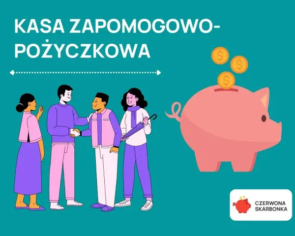 Kasa zapomogowo-pożyczkowa (KZP) to miejsce, gdzie ludzie pomagają sobie finansowo. Na obrazku widzimy ludzi i skarbonkę, symbolizującą oszczędności.