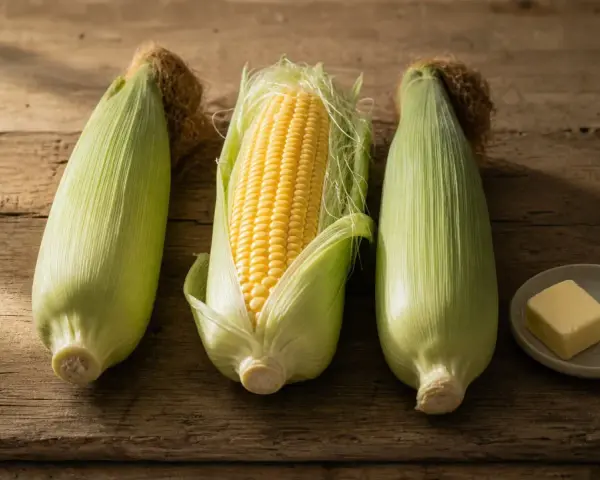 Drei Maiskolben liegen auf Holz. Einer ist geschält und zeigt die gelben Körner. Daneben eine kleine Schale mit Butter und Salz – bereit, um Mais zu kochen.
