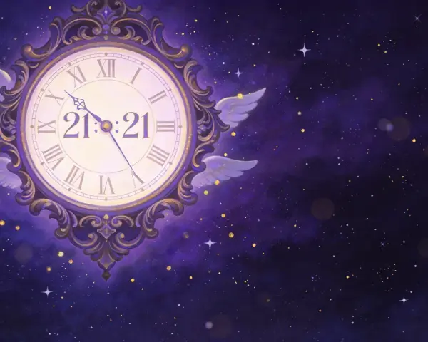 Zegar z anielskimi skrzydłami wskazuje 21:21. To magiczne 21 21 znaczenie, czas pełen tajemnic i możliwości, na tle gwieździstego nieba.