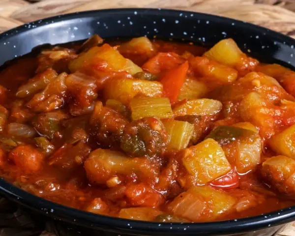 Un plato humeante de pisto manchego, con trozos de calabacín, pimiento y tomate en una salsa rojiza, servido en una cazuela negra.