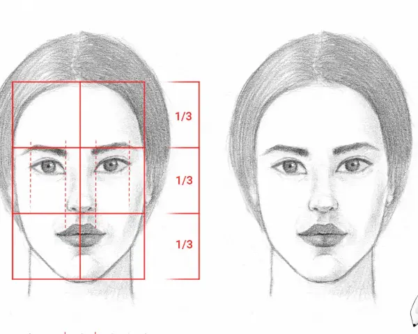 Visage femme dessin : une étude comparative montrant les proportions idéales d'un visage féminin, avec des guides de tiers.