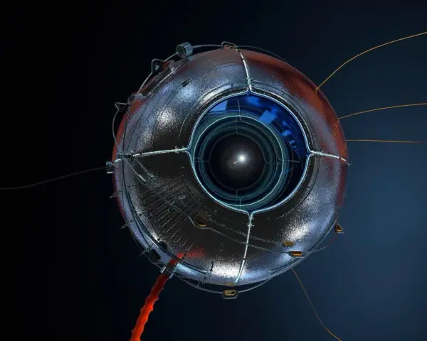 Ojo mecánico con cables, como un spyware informático observando.