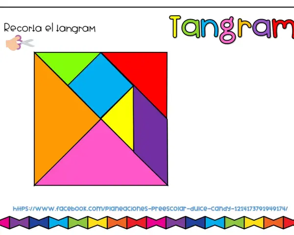 Un tangram de colores con formas geométricas para crear figuras tangram fáciles. ¡A recortar y jugar!