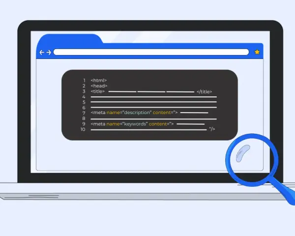 Code HTML sur un écran d'ordinateur, montrant la balise title WordPress et les balises meta pour le SEO. Une loupe examine le code.