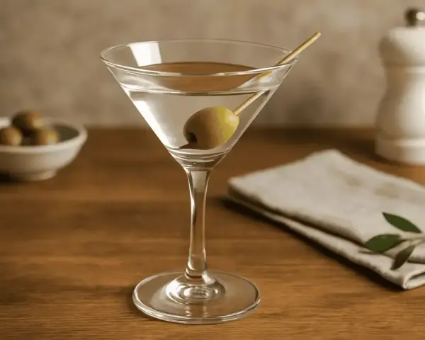 Klasyczny dry martini przepis: schłodzony gin, odrobina wytrawnego wermutu i oliwka. Idealny drink na każdą okazję.