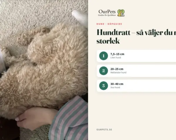 En hund med tratt vilar på en hundmatta. Bredvid syns en köpguide för hundtrattar.