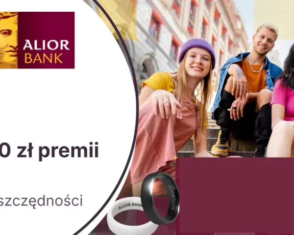 Alior Bank promocja za założenie konta: 1500 zł premii i 5% dla oszczędności. Uśmiechnięci młodzi ludzie siedzą na schodach.