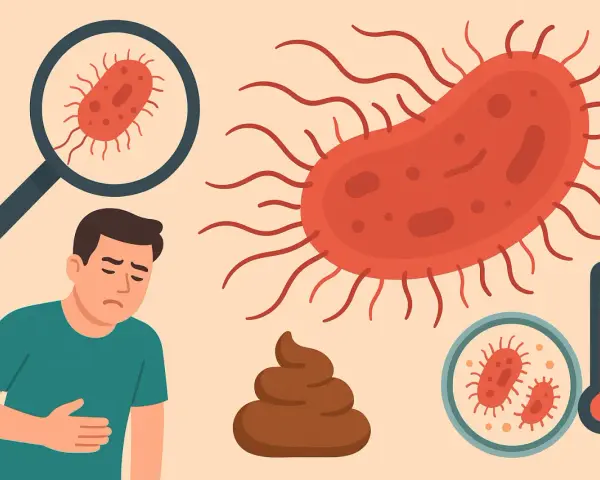 Uomo con mal di pancia, feci arancioni, batteri visti al microscopio e termometro.