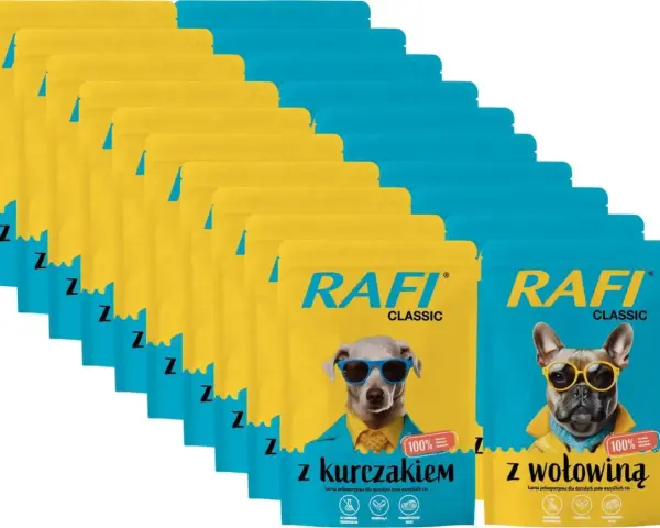 Opakowania karmy dla psów Rafi Classic z kurczakiem i wołowiną, z psami w okularach.