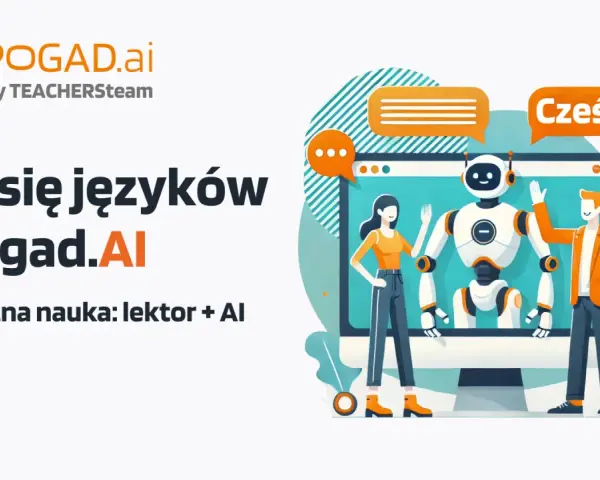 Ilustracja: robot i ludzie uczący się języków z pomocą AI, z dymkami dialogowymi.