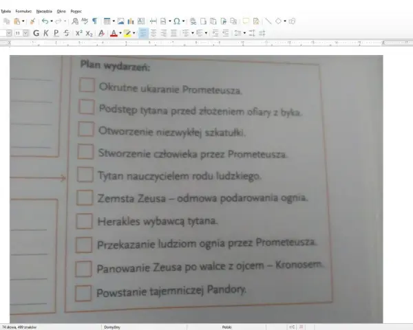 Plan wydarzeń: okrutne ukaranie Prometeusza, podstęp tytana, stworzenie człowieka, zemsta Zeusa, Herakles wybawca tytana, przekazanie ognia, powstanie Pandory.