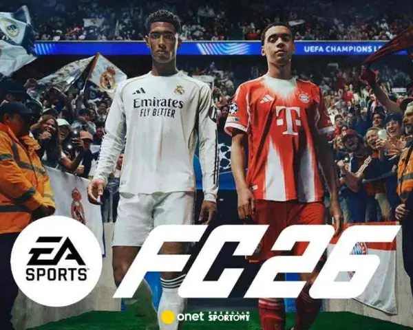 Dwóch piłkarzy w strojach Realu Madryt i Bayernu Monachium na tle trybun pełnych kibiców. Wielkie logo FC 26 sugeruje, kiedy nowa FIFA.