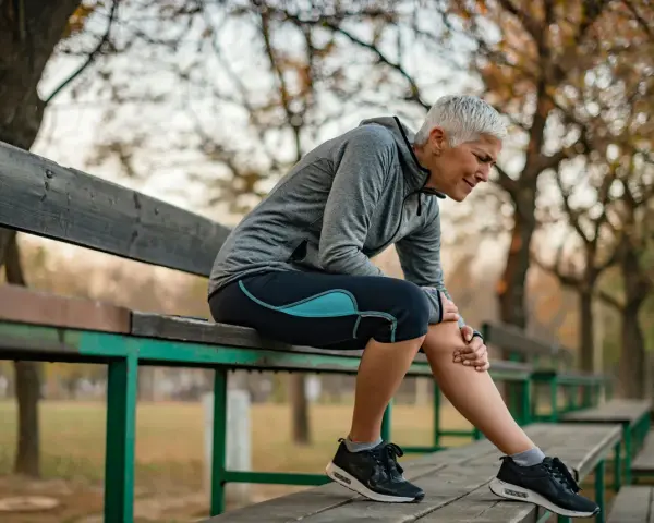 Kvinna med benhinneinflammation utsida sitter på en bänk och håller sig om smärtande underbenet.