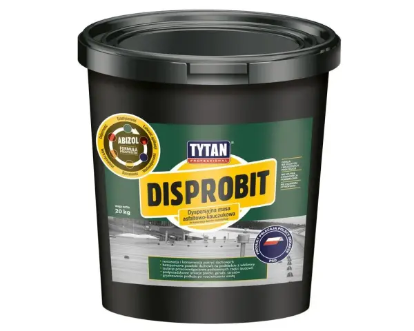 Czarny kubeł z masą **Disprobit** do renowacji dachów. Produkt Tytan Professional, 20 kg, z formułą Abizol.