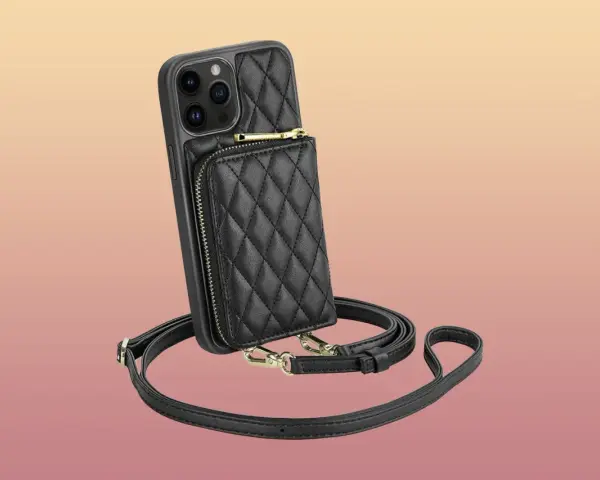 Eleganckie czarne etui na telefon z pikowaną kieszonką i paskiem na ramię. Idealne etui crossbody dla stylowej kobiety.