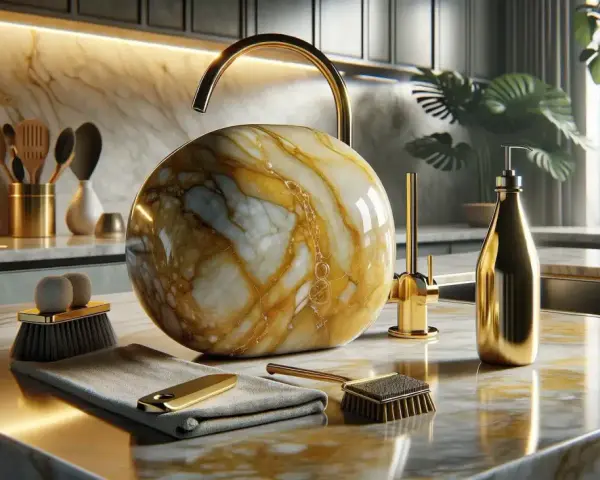 Un lavabo esférico de mármol veteado en oro y blanco, junto a un grifo dorado y accesorios para pulir mármol.