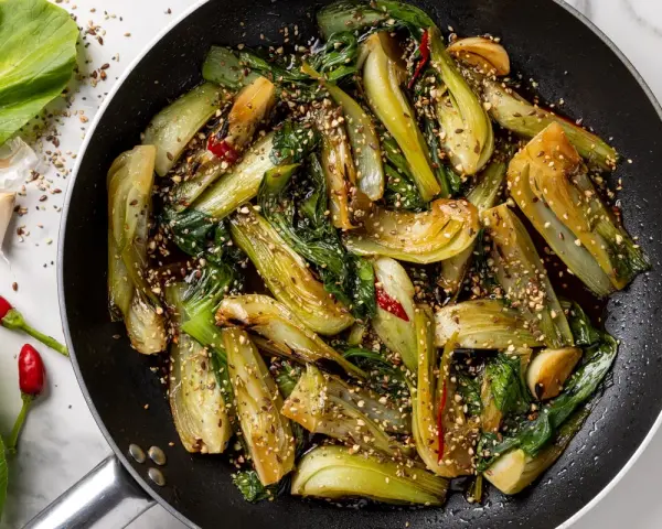 Verdure in padella, bok choy saltato con aglio, peperoncino e semi di sesamo, un piatto saporito e colorato.
