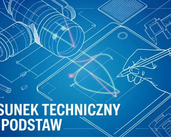 Rysunek techniczny od podstaw: dłoń kreśli linie na planie, obok części mechaniczne i narzędzia pomiarowe.