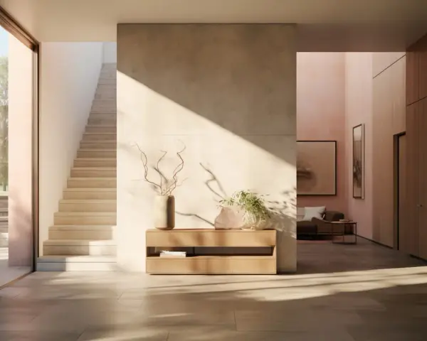 Ingresso moderno con pareti dipinte particolari, scala in pietra e arredi minimalisti. La luce solare crea giochi d'ombra suggestivi.