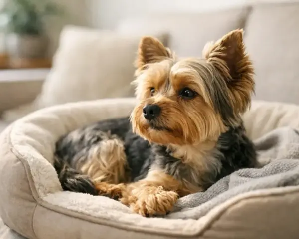 Uroczy yorkshire terrier w swoim legowisku. Zastanawiasz się, ile kosztuje york?