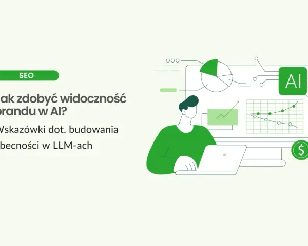 Grafika ilustruje budowanie widoczności marki w AI. W tle wykresy i ikona AI. Nie ma tu nic o zespole Treacher Collins.