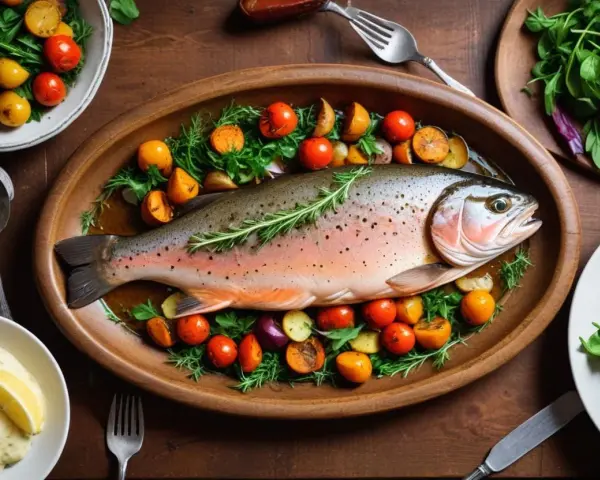 Hel, vacker fisk i ugn, dekorerad med örter och serverad med rostade tomater och potatis. En festlig måltid!