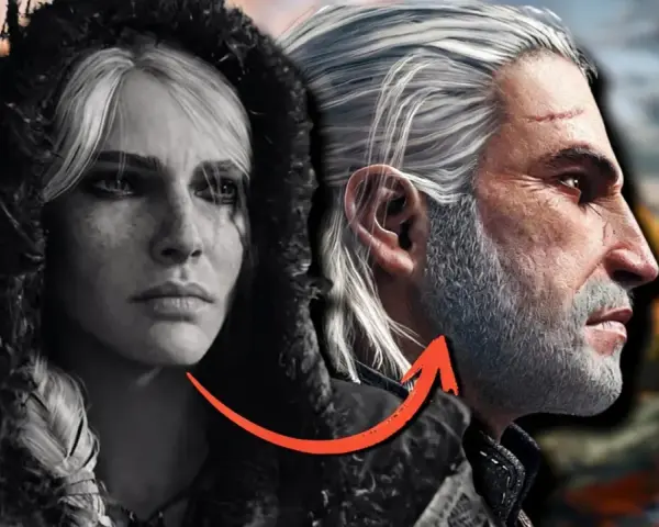 Ciri y Geralt, ¿preparando el camino para The Witcher 4? Un vistazo a sus rostros, uno en blanco y negro, el otro con un paisaje épico de fondo.