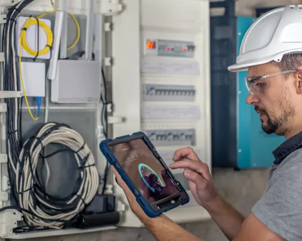 Technik w kasku i okularach ochronnych sprawdza przegląd instalacji elektrycznej domu na tablecie. Widoczne przewody i rozdzielnica.