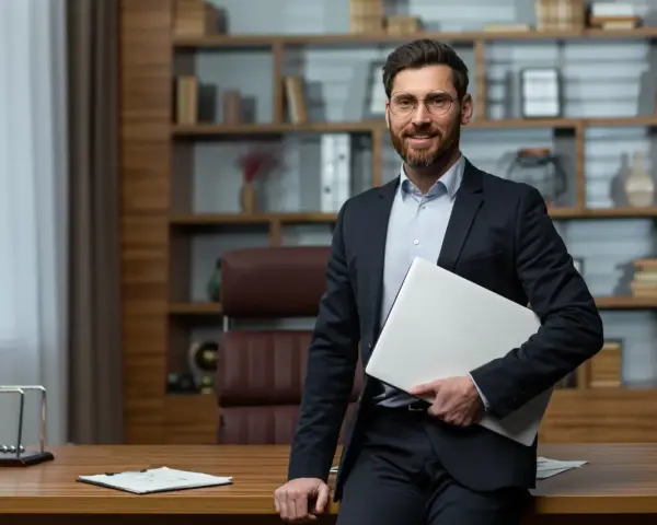 Uśmiechnięty dyrektor szkoły w garniturze, trzymający laptopa, stoi przy biurku w gabinecie.