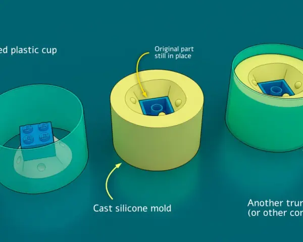 A DIY resin mold process: a LEGO brick is placed in a cup, then a silicone mold is cast around it, and finally, the mold is placed in another cup for containment.