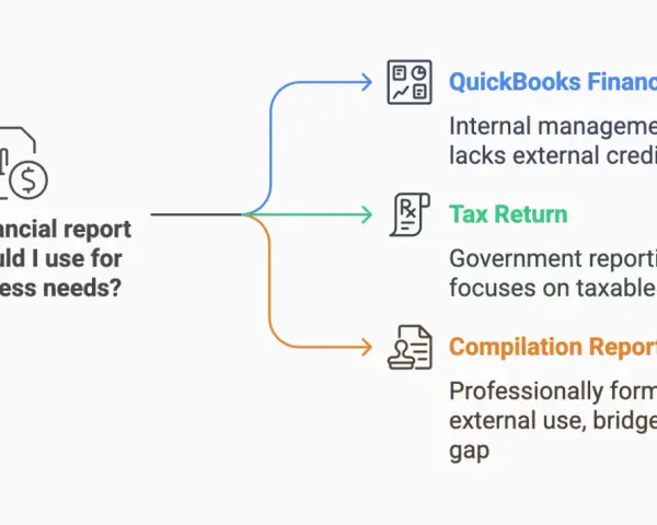 Flowchart comparing QuickBooks Financials, Tax Return, and Compilation Report for business needs. A Compilation Report is professionally formatted for external use.