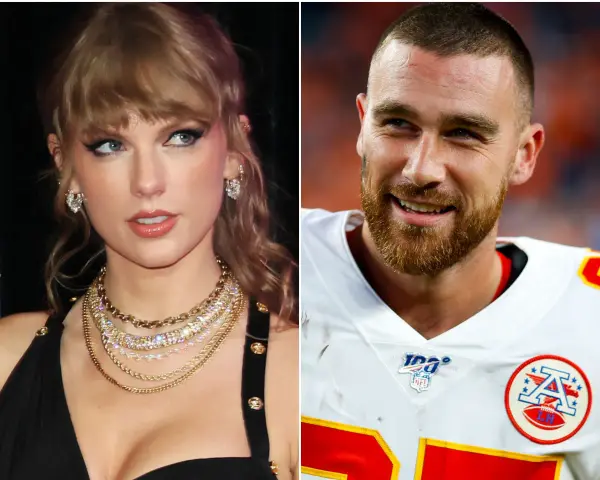 Taylor Swift e Travis Kelce, il suo futuro marito, sorridono in questa immagine divisa.