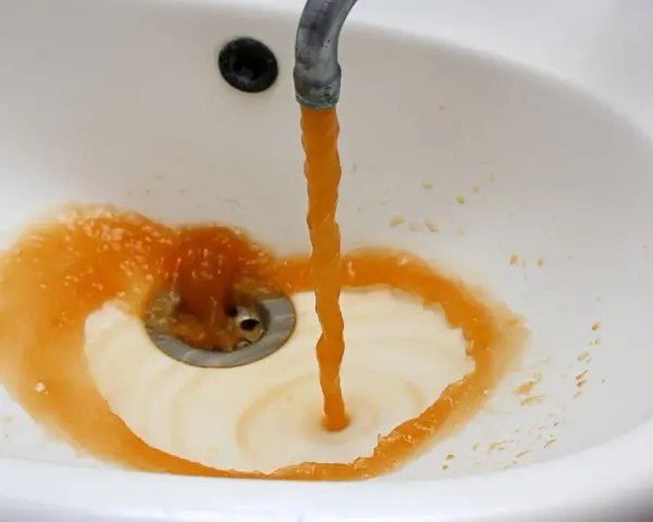 Brązowa woda z kranu, pełna żelaza, spływa do białej umywalki, tworząc rdzawy osad. Nie nadaje się do picia.