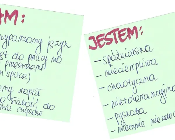 Mocne i słabe strony rozmowa kwalifikacyjna: "Mam" - niewyparzony język, wstręt do pracy w open space, zapał. "Jestem" - spóźnialska, niecierpliwa, chaotyczna.