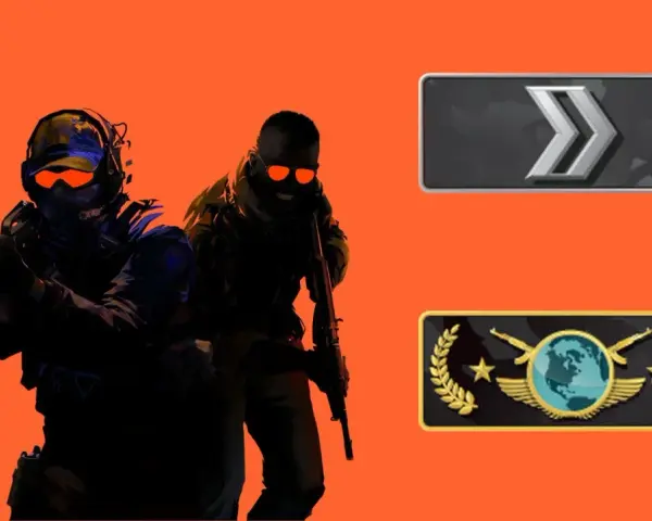 Dwóch graczy CS:GO z bronią, obok nich ikony rang: Srebrny II i Global Elite.