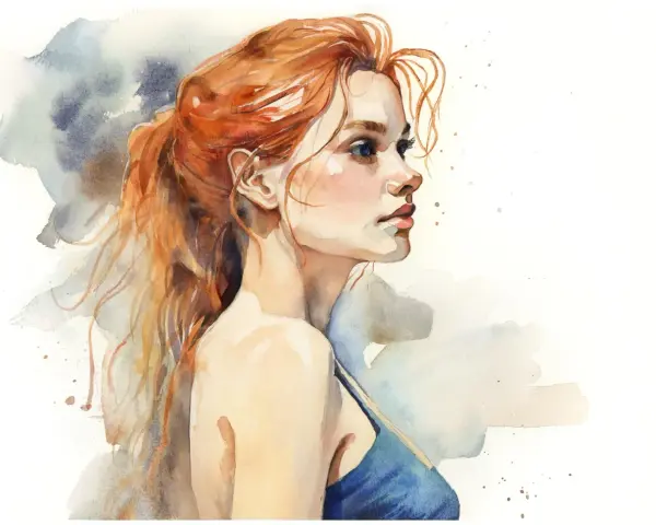Composition aquarelle d'une jeune femme aux cheveux roux, regardant de profil, avec des touches de bleu et de gris en arrière-plan.