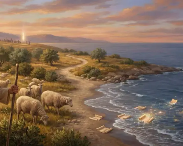 Ein Hirte mit Schafen am Meer, wo Schriftrollen wie Lichter auf dem Wasser treiben, eine Szene inspiriert von Epheser 1.