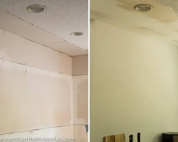 Before and after images show how to finish drywall, transforming a rough, unfinished wall into a smooth, painted surface.