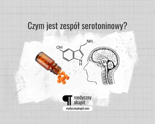 Związek chemiczny serotoniny, mózg i tabletki. Obrazek ilustruje brak serotoniny objawy i zespół serotoninowy.
