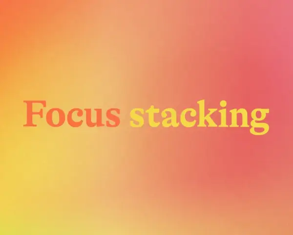 Napis "Focus stacking" na tle gradientu od pomarańczowego do różowego. Technika ta pozwala uzyskać ostrość na całym zdjęciu.
