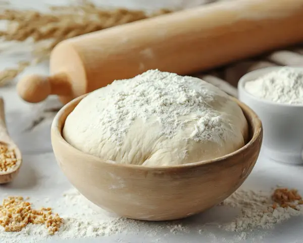Ciasto na pyszną pizzę bezglutenową rośnie w drewnianej misce, obok wałka i mąki.