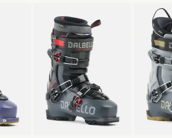 Trzy buty narciarskie Dalbello w różnych kolorach: fioletowy, ciemnoszary i jasnoszary.