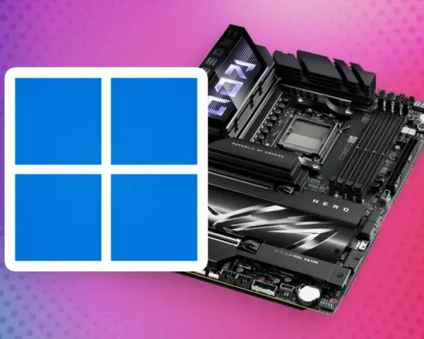 Windows 11 Logo neben einem ROG Mainboard. Ein TPM-Chip ist für die Sicherheit unerlässlich.