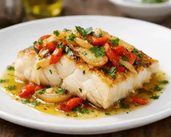 Bacalao con verduras, un plato principal jugoso y lleno de sabor, con trozos de pimiento rojo y cebolla salteados, adornado con perejil fresco.