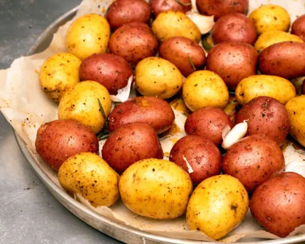 Ziemniaki z ogniska, czerwone i żółte, przyprawione czosnkiem i ziołami, gotowe do pieczenia.