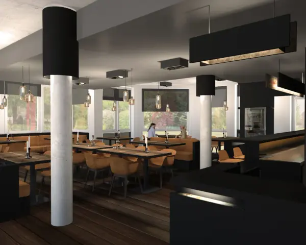 Modernes Fischrestaurant in Berlin mit Holzböden, braunen Ledersitzen und großen Fenstern.