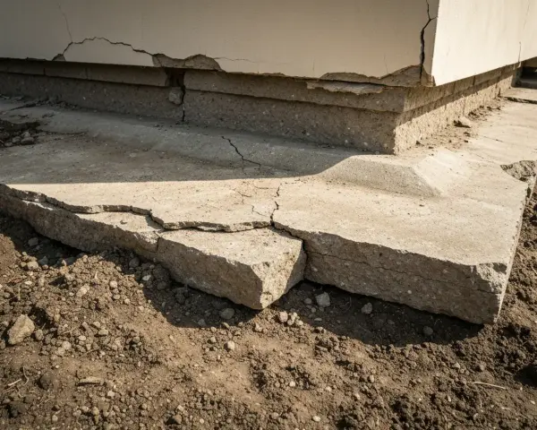 Popękane betonowe fundamenty domu, widoczne uszkodzenia i nierówności.