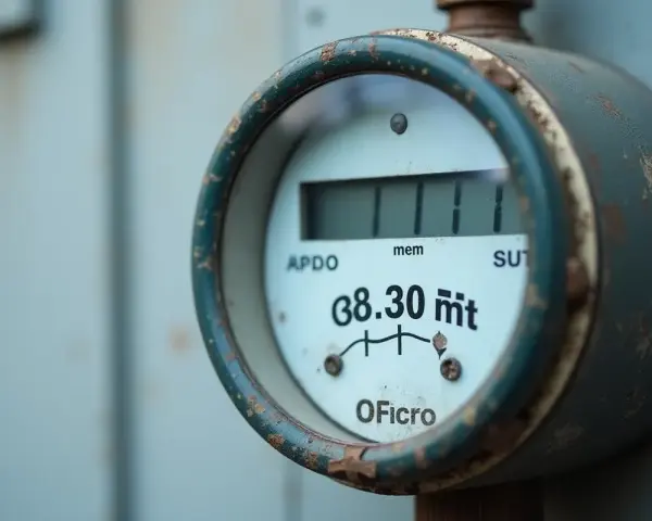 Cyfry z licznika gazu: 111 i 38.30 m³. Widoczny cyfrowy wyświetlacz z odczytem zużycia.