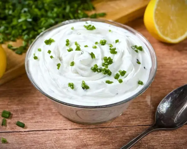Cremige Sour Cream, garniert mit Schnittlauch, neben Zitronenspalten und einem Löffel auf Holzuntergrund.
