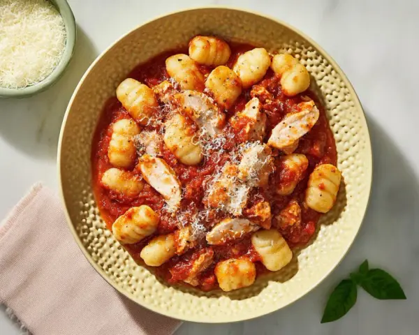 Pyszne gnocchi z kurczakiem w sosie pomidorowym, posypane parmezanem. Idealne danie dla miłośników włoskich smaków.